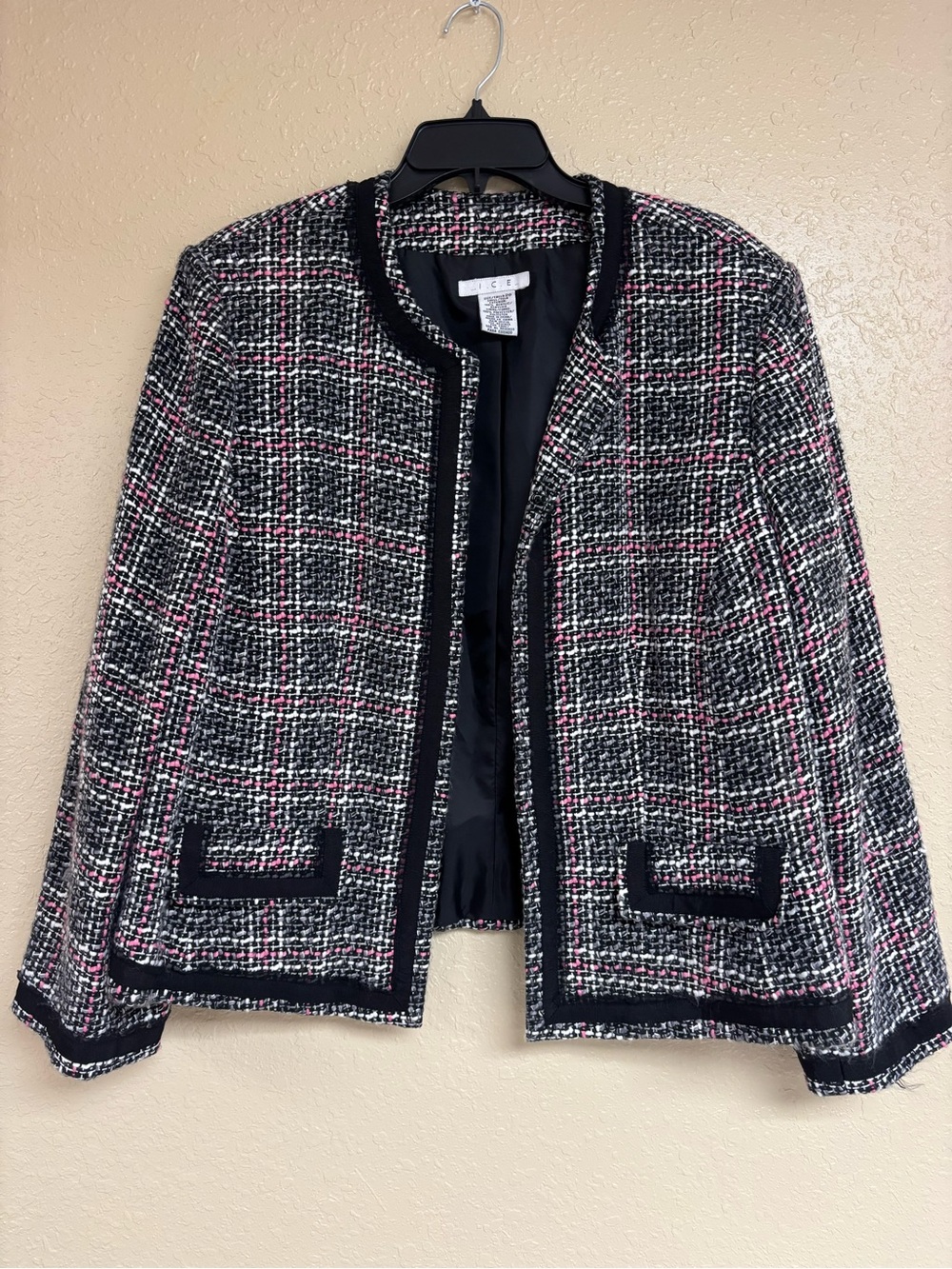 Classic Tweed Open-Front Jacket in Black & Pink